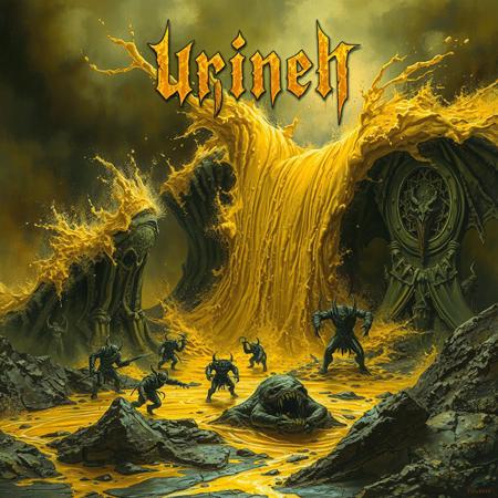 doom metal abum cover featuring a disgusting yellow tidal wave of urine splashing over a sulphuric hellish landscape where demons and evil creatures are scattering to escape from the yellow liquid, warhammer, urine, urea, drink piss, wc-theme, ultra-detailed, concept art, death metal, urine hell, splash art