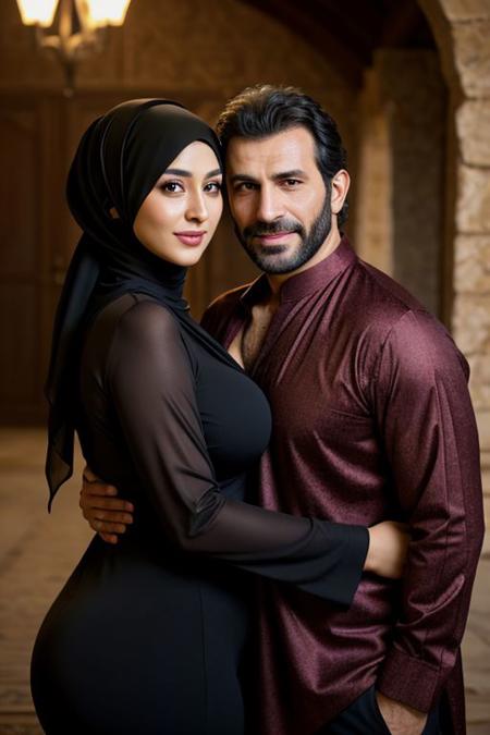 high quality, lebanese style, traditional clothes, happiness, smile,  brown eyes, dark hair, 1male, dilf, rough looking, manly face, strong facial features, full beard, thick hair, hairy chest, hairy body, 1female, huge tits, big boobs, curvy body, big Cleavage, wide hips, thick hips, hijab, soft focus, soft light, 2characters, 2peoples, straight couple, couple,