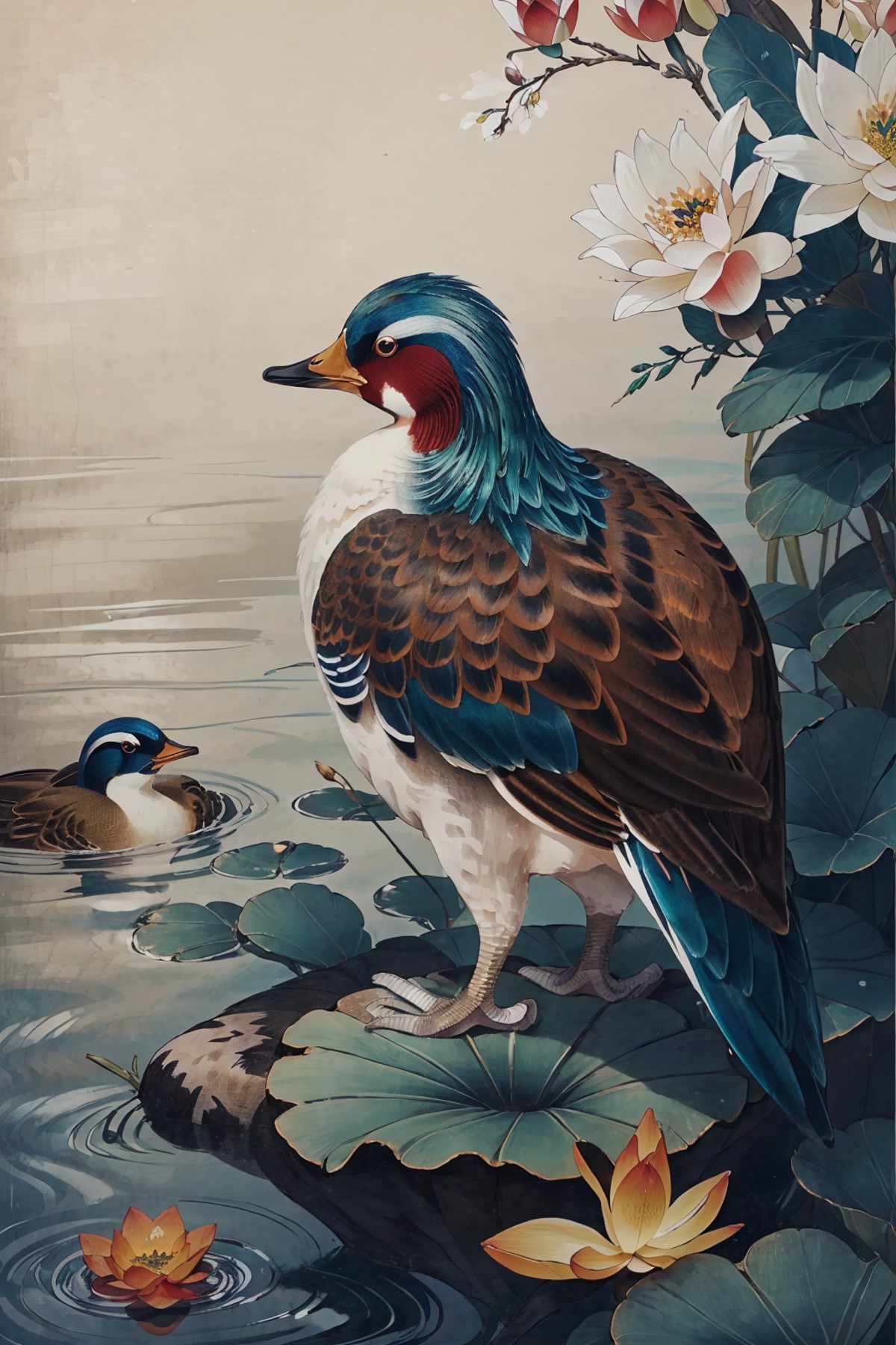 (masterpiece:0.8),best quality,
gongbiv,gongbi painting,no humans,bird,mandarin duck,flower,leaf,animal focus,white flower...