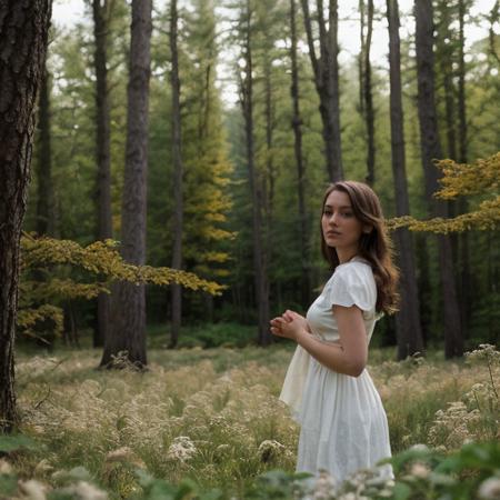 (point-of-view:1.5), (amateurish photo:1.9), female wearing pure white dress, thick woods, lots of trees, meadow, colorful flowers, leaves in the wind, emotional, film grain, (overexposed:1.5),<lora:Super_Eye_Detailer_By_Stable_Yogi_SDPD0:1>,  <lora:UltraRealPhoto:1>