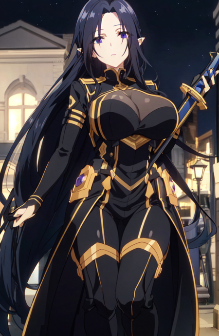 gamma, black hair, pointy ears, purple eyes, black dress, large breasts, very long hair bodysuit, gloves holding long swordholding long sword dress, frill, cleavage, necklace, elbow gloves, high heels