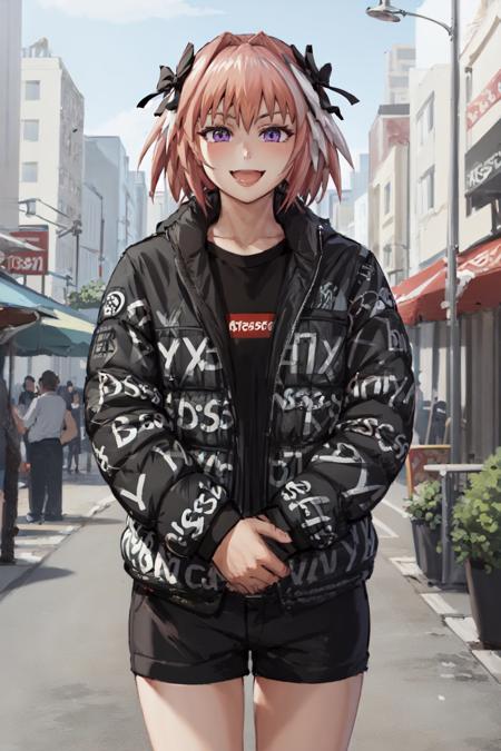 (masterpiece, best quality:1.2), <lora:aasAstolfoLora_aaAstolfoV4:0.8>, <lora:attire_dripmeme-10:0.9>, solo, male focus, 1boy, astolfo \(fate\), otoko no ko, smile, looking at viewer, own hands together, long pink hair, hair intakes, streaked hair, purple eyes, dripjacket