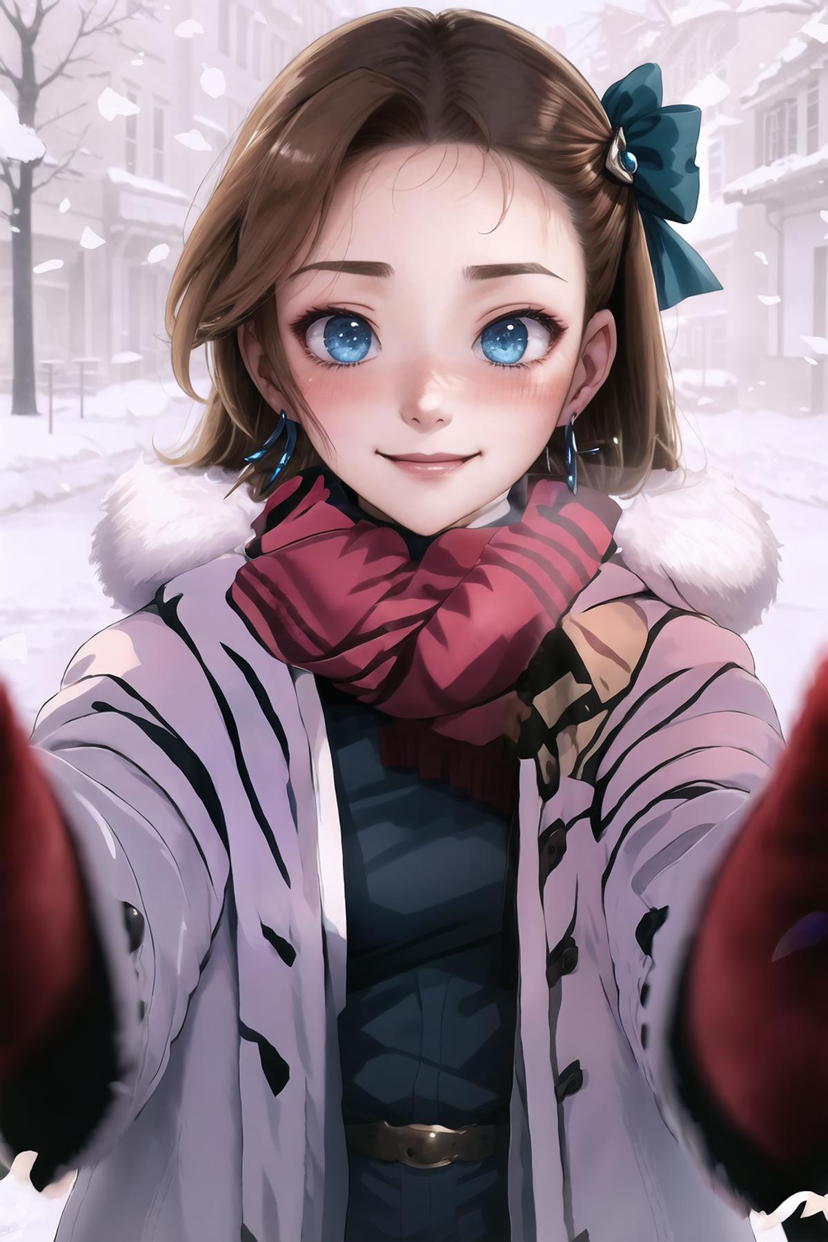A girl with blue eyes and a bow in her hair is taking a selfie in a winter coat.