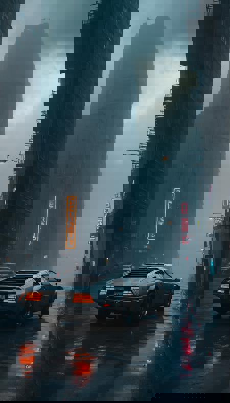 Blade Runner 2049 SleepCitycape. Relaxing Cyberpunk Art Poster. Dark light. Cinematic Art. Photorealistic. Street. Abandoned street. CityScape, Scenery. Dark and moody. 1car, Futuristic supecar. Prototype supercar. Super detailed car, (grey car carpaint). Futuristic design car. Gloomy neon lights. No humans. Sleeping city. (Cloudy day, fog:1.4). Dystopian apocalyptic atmosphere. Film grain.