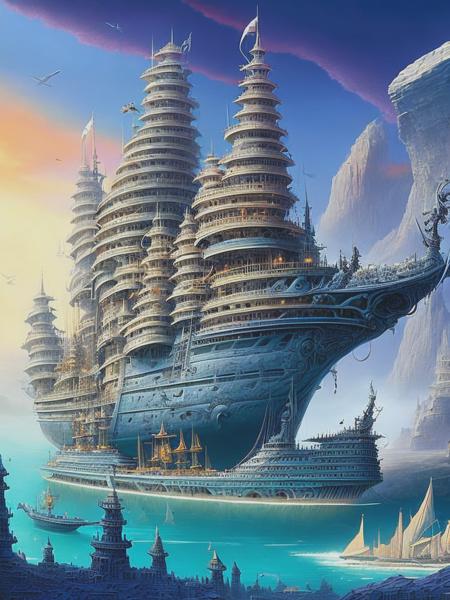 <lyco:RodneyMatthews:1.0> a complex and intricate ship, crewed by strange creatures, docked at a city of marble and alabaster, in the style of Rodney Matthews