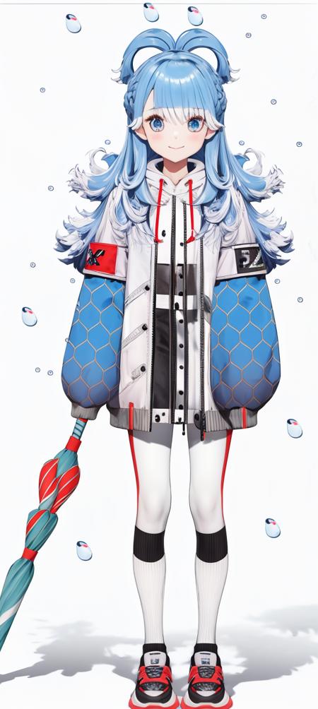 (best quality), (masterpiece), [soft lighting], absurdres, 8k, looking at viewer, (character focus:1.3), 
1girl, kobo kanaeru, solo, umbrella, virtual youtuber, eyewear hang, cropped hoodie, blue hair, multicolored hair, blue eyes, sleeves past wrists, liquid hair, hood, drawstring, jacket, long hair, sunglasses, sleeves past fingers, see-through, full body, bangs, smile, closed umbrella, looking at viewer, bubble, hoodie, socks, long sleeves, tinted eyewear, pants, eyewear removed, shoes, holding umbrella, simple background, midriff, white hoodie, crop top, raincoat, white hair, blush, standing, white footwear, two-tone hair, white jacket, puffy long sleeves, sneakers, holding, zipper, white pants, pocket, closed mouth, straight-on, kneehighs, light blue hair, buttons, blue jacket, navel, hair ornament
<lora:KoboKanaeru:0.85>