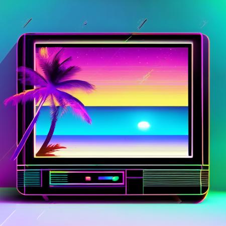 photo (retrowave:1) style an old television screen with a palm tree on the screen <lora:djzRetroWaveV21_LoraBooth:1>