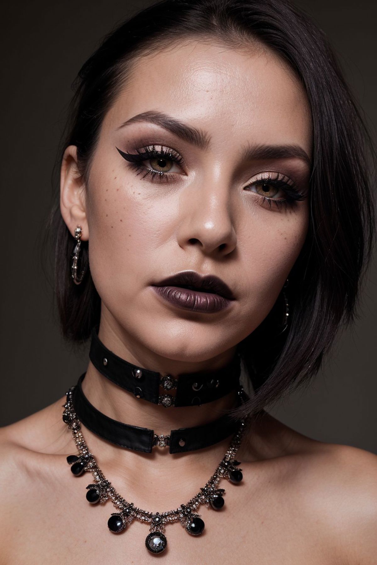 The image features a woman with dark hair and a black choker necklace. She is wearing a black leather choker and has a black lipstick on her lips. The woman is looking at the camera, and her eyes are open wide. The scene appears to be set against a dark background, which adds to the dramatic and mysterious atmosphere.