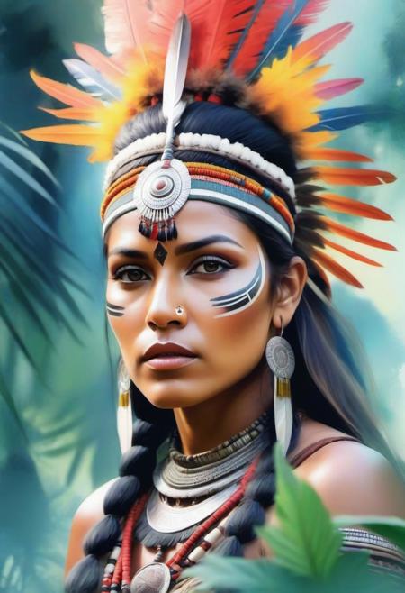 Double exposure reflected Digital watercolor Illustration of a of portrait of a warrior woman indian in the jungle with a lot of tribals decorations, soft Cinematic Volumetric lighting, flowery pastel colors