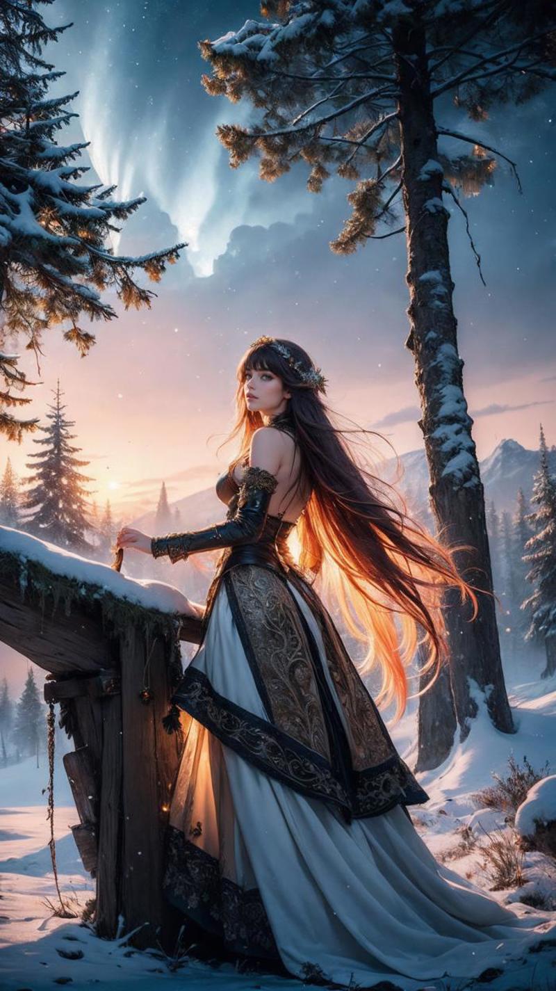 A fantasy scene featuring a woman with long red hair wearing a white dress and black gloves, standing near a fence and trees. The image has a magical and enchanting atmosphere, with snow on the ground and a picturesque winter setting. The woman is posing for the camera, capturing the viewer's attention with her striking appearance.