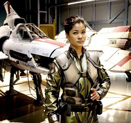 a woman in a viper pilot suit military uniform standing next to (colonialviper fighter jet:1.1)   <lora:Viperpilotsuitv05:1>,in space hangar,RAW photo, 8k uhd, dslr, soft lighting, high quality, film grain, Fujifilm XT3