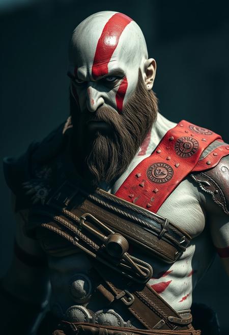 A hyper-realistic cinematic photograph of Kratos from God of War. He is dressed in armor and depicted in all his battle-worn glory. photography, shadows, raw photo, detailed, realistic, photograph, cinema quality