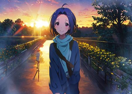 <lora:miura azusa:0.8>,miura azusa,masterpiece,best quality,super fine illustration,1girl,against backlight at dusk,walk with a person,kind_smile,looking_back,light leaks,