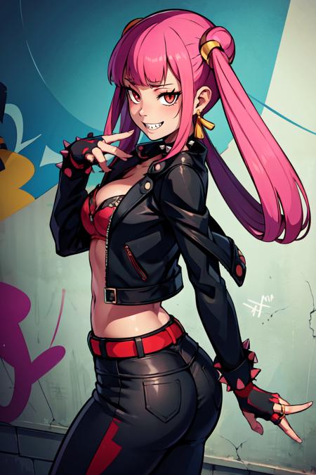 punk girl (pokemon), pink hair, red eyes, sharp teeth, hair rings, jewelry, chinese clothes, black jacket, yellow skirt, striped pantyhose, 