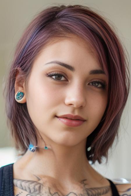 <lora:GloomSD:0.8>, Ultra-detailed, close-up portrait of a woman's face and shoulders, multicolored hair, fully dressed, wearing modest and elegant clothing. Captured in soft, natural light with realistic skin textures, smooth bokeh, and sharp facial details. The composition emphasizes a professional, cinematic style with vibrant yet natural colors, no nudity, and a clean, polished appearance. Shot in 8K UHD resolution using a DSLR camera, ensuring a lifelike and high-quality result. She has lip and nose piercings.