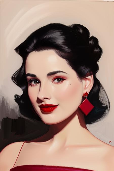 a portrait painting of <lora:DTVT-P:0.7>  looking at the camera with a subtle smile, she is wearing red lipstick and small black earrings and has bare shoulders, neutral black background chiaroscuro, dark room with dim studio light <lora:epiNoiseoffset_v2:0.7> in the style of <lora:TDLP-P:0.7>