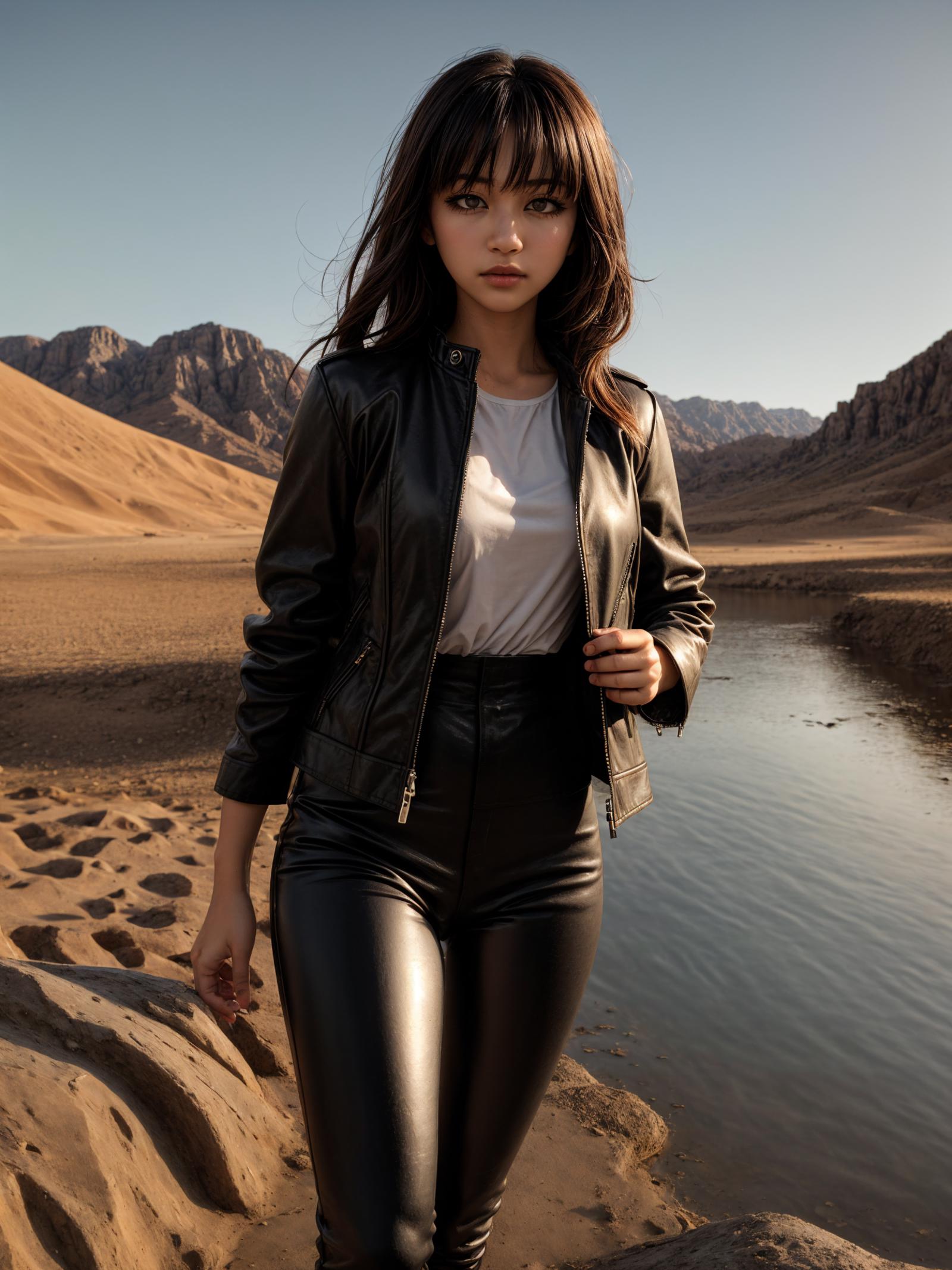 A woman in black leather pants and a white shirt standing on a rocky outcrop.