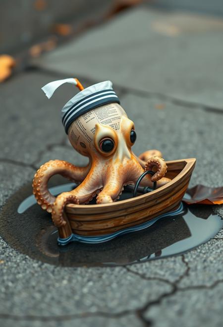 Create a hyper-realistic, hyper-detailed image of a cute octopus wearing a sailor's hat made from newspaper, steering a tiny boat also crafted from newspaper. The octopus gazes out at the "ocean" with a sense of adventure, but the viewer can see that it's just a small puddle of water. The octopus and boat are so small that the puddle seems like an endless sea to him, but the surrounding environment, such as a cracked sidewalk or a discarded leaf, gives away the true scale. Style: hyper-realistic, whimsical, humorous. Colors: muted, earthy tones with a focus on blues and grays to convey the sense of oceanic adventure. Highest-Quality, 4k, Masterpiece