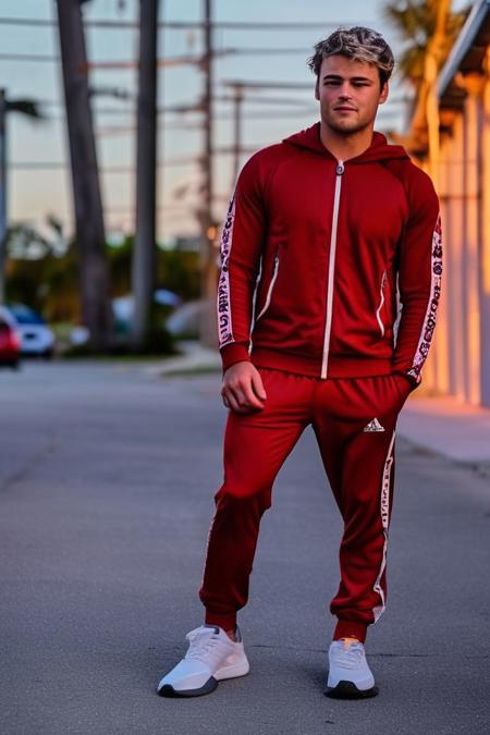 Noah Centineo a man <lora:paul-cuffaro-Noah-Centineo:1>, realistic photo in a worn ((skin-revealing skimpy erotic red tracksuit, massive hairy pecs)), big pecs, big arms, bulge, VPL, ((light bokeh)), intricate, (steel metal [rust]), elegant, erotic, exuding sexual energy, homoerotic, sharp focus, photo by greg rutkowski, soft lighting, vibrant colors, (masterpiece), ((streets)), (detailed face), looking at viewer, light smile, night, walking towards viewer, cinematic lighting, beautiful lighting, cinematic lighting, (hazy filter, film grain:1.2)