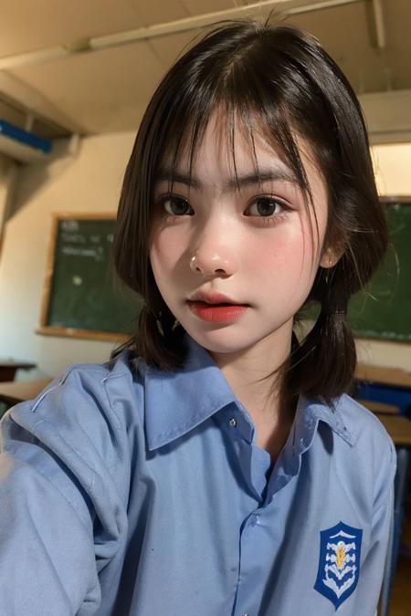 a photo of monrada_48, 18 year old girl in the classroom, close up, <lora:monrada_48-15:0.9>, (intricate details:0.8), (hdr, hyperdetailed:1.2), school uniform