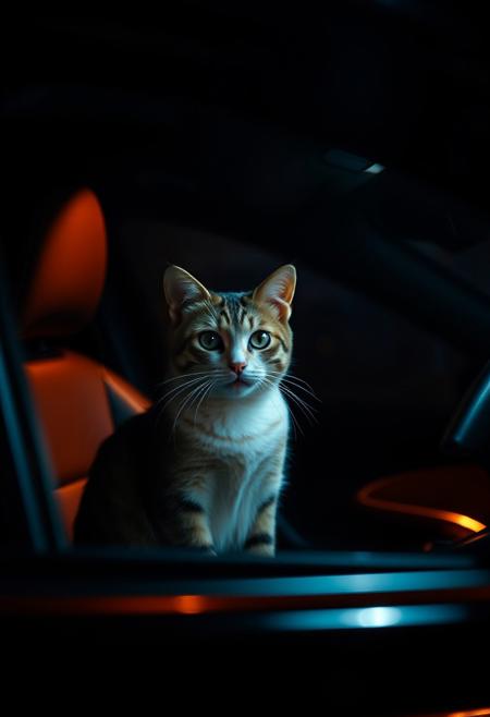 (Soft Lighting Photography by Mimoza Veliu and Mario Giacomelli:1.2), Cinematic photography. A photo-realistic shoot of a cat sit in a car, coopilot chair, inside car, (looking the viewer), dramatic lighting, darkness, reflection,