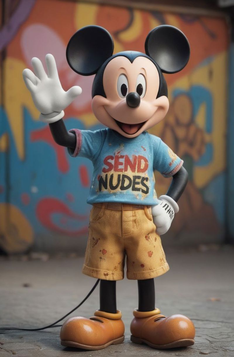 A Mickey Mouse mascot wearing a "send nudes" t-shirt, standing in front of a graffiti wall.