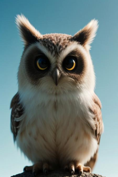 long shot scenic professional photograph of a cute fluffy owl chick with big bright eyes, centered composition with soft white feathers and a playful expression. A light pastel background with gentle curves enhances the scene. A detailed 3D rendering capturing warm lighting, soft shadows, and fuzzy texture, perfect viewpoint, highly detailed, wide-angle lens, hyper realistic, with dramatic sky, polarizing filter, natural lighting, vivid colors, everything in sharp focus, HDR, UHD, 64K