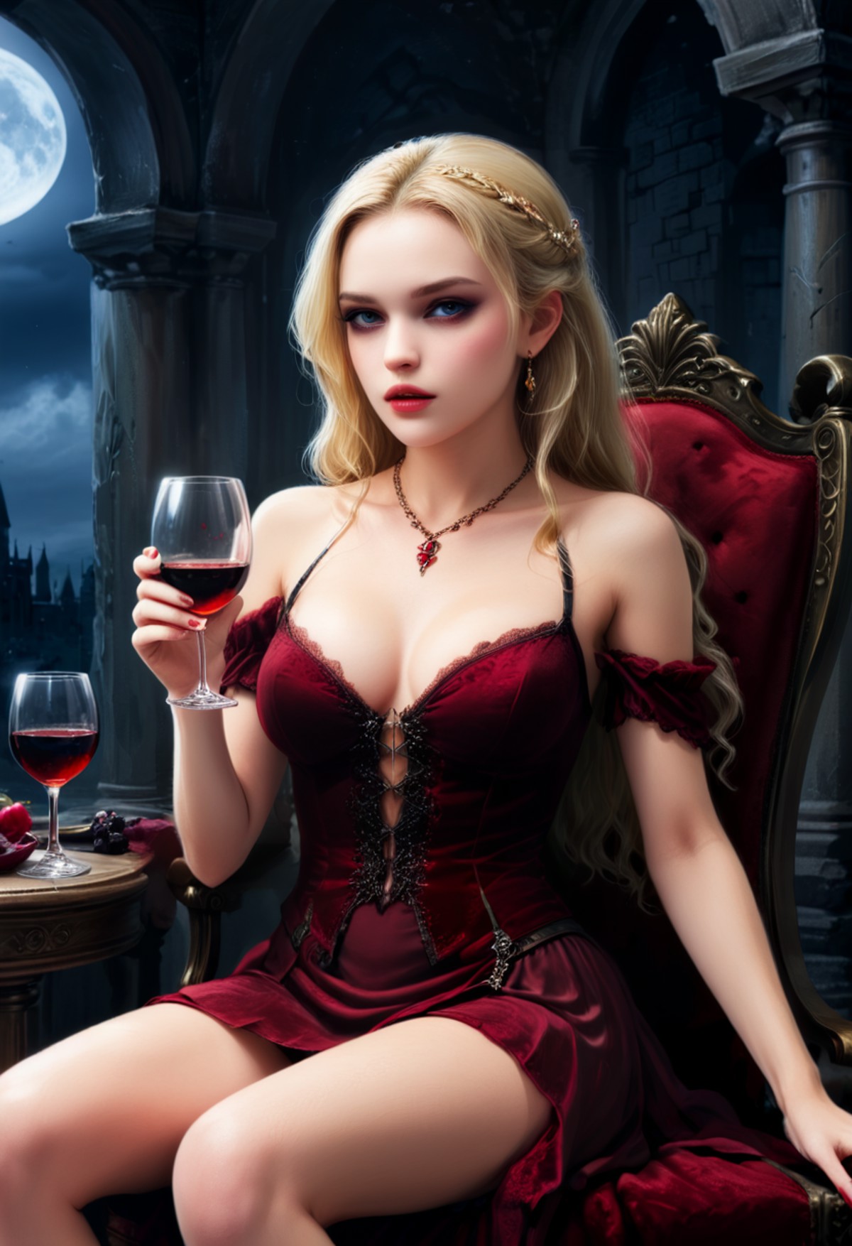 zoey, vampire, princess, castle, throne_room, wine_glass, moonlight, drinking_blood,