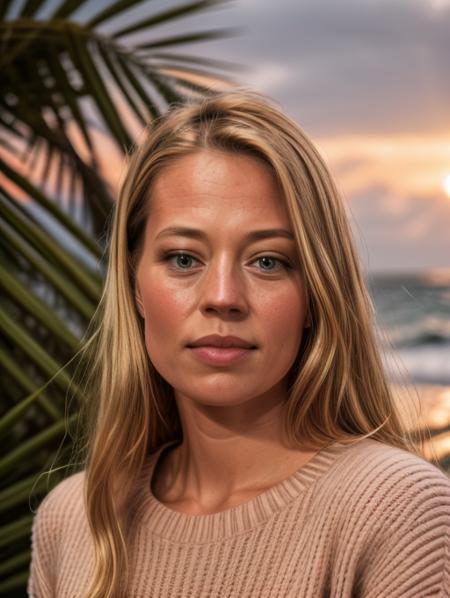 a portrait photo of a young woman named jeriR, look serious at viewer,wears a warm jumper, best quality, 4k, 8k, ultra highres, raw photo in hdr, sharp focus, intricate texture, skin imperfections, background of the ocean and palm trees, sunset, sun-kissed, sunflare, shot with canon f4 and 50mm, <lora:jeriR_young_v11:0.8>