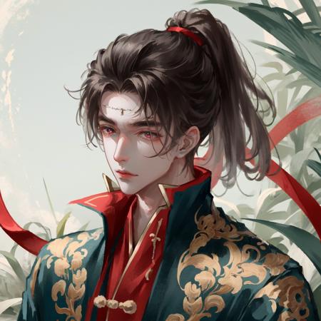 (best quality), solo,1boy,  <lora:111-000004:1>, face focus, male focus, small head, narrowed eyes, [bushy eyebrows], looking at viewer, bangs, black hair, red eyes, ponytail, chinese clothes, long hair