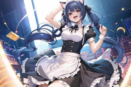 masterpiece, 1girl,  cat ears, cat tail, cat girl, maid dress, maid apron, maid tiara, jumping, happy,  blue hair, red eyes,  hands up, long hair, absurdly long hair, twintails    <lora:Marushin-Style-resumed-000090:1>