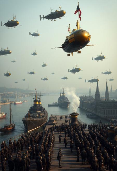 Top pov, high angle shot, bird eyes view, (Ultra-realistic, 32k, Masterpiece, High Quality, Detailed Realistic Background, Official Art, Realistic Lighting, filmfotos, film grain, reversal film photography). 
In the expansive harbor, a fleet of Victorian steampunk airships soars through the sky, their bronze and iron hulls glistening in the diffused morning light. Gears and propellers churn rhythmically, while steam hisses from the vents, propelling the airships toward the distant horizon. Below, the ground is a hive of activity, where an army clad in polished iron armor stands at attention, awaiting orders. The soldiers, positioned in precise formations, prepare to board the massive battleships docked along the pier. The navy's imposing vessels, crafted with industrial-era ingenuity, are lined up, chimneys spewing thick plumes of smoke into the sky. A sense of anticipation permeates the air as the forces ready for battle. The city behind them, with its towering gothic architecture, casts long shadows across the harbor, adding to the tension. The dramatic, low-angle shot captures the converging forces of air and sea, amplifying the chaos and strategic intensity of the moment. The sky darkens as storm clouds gather, setting an epic and moody cinematic tone.
