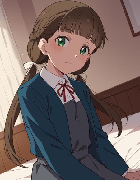 <lora:kinako-sakurakouji-s2-ponyxl-lora-nochekaiser:1>, kinako sakurakouji, long hair, bangs, brown hair, twintails, green eyes, hair ribbon, braid, blunt bangs, low twintails, shirt, dress, ribbon, school uniform, jacket, white shirt, open clothes, collared shirt, open jacket, red ribbon, neck ribbon, blue jacket, pinafore dress, grey dress, yuigaoka school uniform,