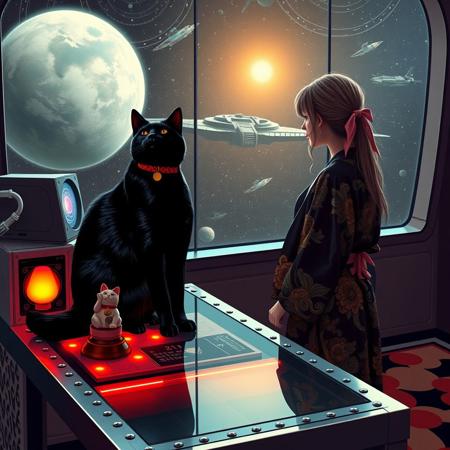 YFG-Asak Surreal Pop Art Style, a bright, whimsical scene of A sleek black cat with red collar sits on a cluttered metal riveted desk with transparent top and led lit computer components visible inside, On the desk are a maneki neko statue and a lava lamp, the Black cat is looking out of a seamless and futuristic floor to ceiling window that looks out at a planet from low orbit, (((a beautiful woman, 24 years old, is standing next to the desk looking out the window, the woman is dressed in an ornate Japanese style bath robe. An enormous deco-cyberpunk starship with futuristic lighting and an enormous space station are visible in the background among the stars, The woman's hair is messy from just waking up and tied up with a ribbon. Artistic cyberpunk, dynamic perspective, (((overall architectural aesthetic is Art Deco Cyberpunk))).  Epic image that elicits a feeling of wonder and awe,  all set against a striking, abstract background with bold, geometric patterns.