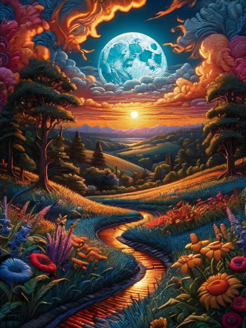 A Painted Landscape with a Moonlit Pathway and Sunset in the Background