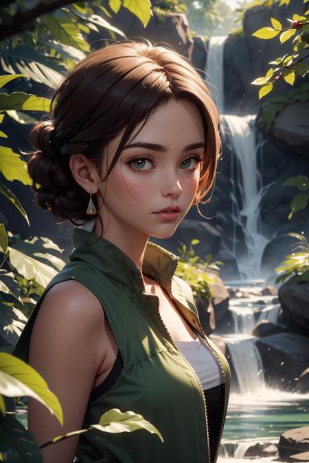 photorealistic wide shot focus portrait of Groot relaxed posing, under waterfall, jungle, green moss, bokeh, octane render, unreal engine 4k, volumetric lighting, mist, detailed