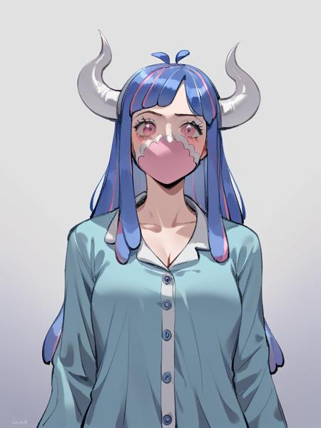 ulti is a girl wearing a blue pink long hair pink eyes and cowhorn mask