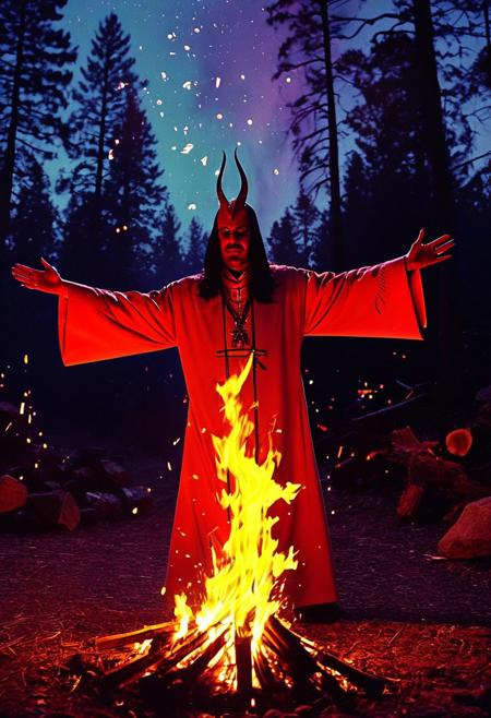 The Cardinal of Sin conducting a ritual in front of a large, blazing bonfire in a remote forest clearing. Around him, followers dressed in dark ceremonial robes chant rhythmically. The fire's reflection in their eyes and on their robes creates a powerful visual of devotion and intensity, with sparks rising into the night sky like ascending spirits., 
in the style of a vintage, high-contrast setting, capture the essence of a campy and sensual satanic ritual. Emphasize theatrical elements with bursts of bright colors against dark, moody backgrounds
,grim landscapes with vibrant exaggerated neon colorful art, 
, old 80's VHS dark fantasy, VHS screen grab, grainy, old footage