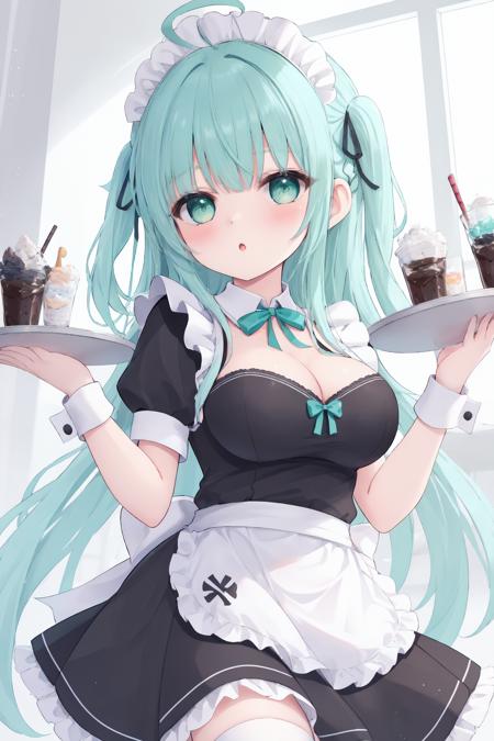 1girl,breasts,solo,green eyes,apron,maid headdress,maid,cleavage,long hair,short sleeves,tray,aqua hair,looking at viewer,puffy short sleeves,holding,white apron,bangs,blush,wrist cuffs,holding tray,black dress,white thighhighs,ahoge,medium breasts,parted lips,large breasts,one side up,detached collar,braid,:o,food,ribbon,