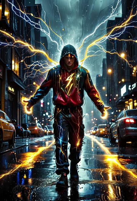 RvR_Comic_Style, dynamic full-body action shot of a male superhero made of golden and blue and red and yellow and purple lightning thunder trails, crackling with raw electrical power. He is hovering mid-air above a rain-slicked city street at night, his form a brilliant, unstable silhouette of pure energy. Arcs of electricity leap from his fingertips. He wears torn street clothes, a dark hoodie and cargo pants, barely containing the storm within him. The city lights reflect off the wet asphalt below, creating a moody, high-contrast scene. lthndrtrl, cinematic lighting, dramatic angle, particle effects.