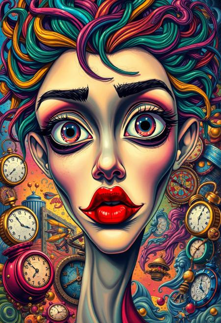 A hyper-stylized anime face, blending the surreal, dreamlike qualities of Surrealism with the bold, vibrant colors of Pop art. The face is distorted, with elongated features and a melting, Dalí-esque quality to the skin. The eyes are large and expressive, with swirling, psychedelic patterns that seem to shift and writhe like living things. The mouth is a bright, poppy red, with a subtle, gradient effect that gives it a sense of depth and dimensionality. The hair is a wild, abstract tangle of colors, with strands that seem to defy gravity and float off into the surrounding environment. The background is a swirling, surrealist landscape of melting clocks, distorted objects, and other bizarre, dreamlike imagery. The overall effect is one of vibrant, eye-popping energy, as if the viewer is gazing into a kaleidoscope of colors and patterns. highest-Quality, intricate details, visually stunning, Masterpiece