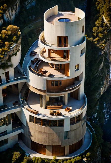 (A Cross-section of a building,:1.4), 
(on a rocky coast, half embedded in the cliff, small waterfall:1.2), 
(architectural masterpiece, inspired by Lebbeus Woods,  Jean Prouv, Neil Denari, Pierre Chareau:1.2), 
aerial view of an incredibly tall, enchanted renaissance tower made of white to grey limestone, surrounded by ominous woods, rock cliffs, dark fantasy, sunset, architecture, masterpiece, high detail, crisp focus, depth-of-field, (intricate details, masterpiece, best quality:1.4),  (avant-garde, future, reality, science fiction, photorealistic), (modern architecture:1.2), (Ultra Realistic, Photography, composition, Architecture Sales Photography, Ultra High Resolution, Cinematography, High Resolution Image:1.1), (dramatic lighting, direct sunlight, ray tracing, clear shadow:1.1), [:traffic|windows|railing|stair|balcony|terrace|crowd|Sidewalk|vehicle|trees|equipment| detailed signal_details:0.7], [:marble|granite|lbrick|tile|metal|concrete|glass|foliage_material texture:0.7], (real landscape:1.1), (blurred background:1.0), [buildings|BREAK|trees|BREAK|Crowd|buildings|BREAK|trees|BREAK|Crowd|buildings|BREAK|trees|BREAK|Crowd:0.7], (background, more_details:0.3)
great lighting, clear, xtower, industrialbuilding, extrusionbuilding