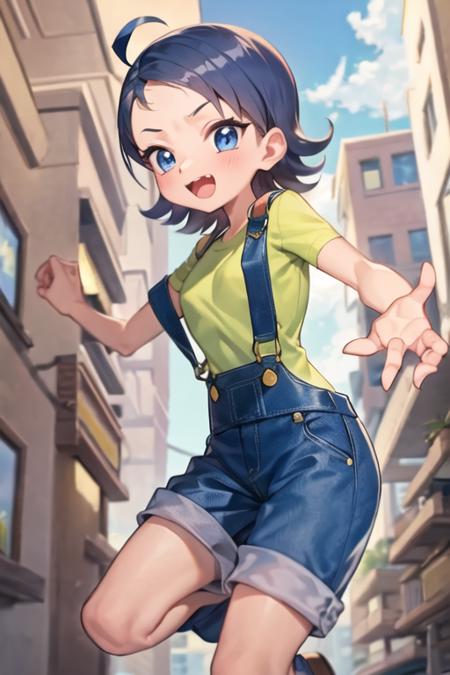 1girl, aksn_cs, blue eyes, short hair, blue hair, ahoge, bangs, forehead, blue overalls, green shirt, standing, looking at viewer, city <lora:aiko-senoo-casual:1>