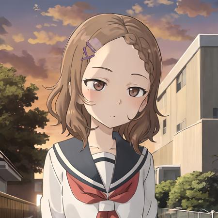 houjou_takagisan,  <lora:houjou_takagisan_v2:0.7> school, building, school uniform, hairclip, brown_eyes, sunset, masterpiece, best quality