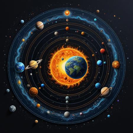 Finely detailed vector illustration, solar system,  ultra realistic quality,circle symbols, dark gradient background, oil painting, hyperdetailed, intricately detailed,  triadic colors,fantastical,intricate detail,splash screen,complementary colors, fantasy concept art, 8k resolution, masterpiece,oil painting,heavy strokes,paint dripping.