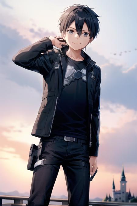 <lora:kirito:0.6>, 1boy, boy, kirito, looking at viewer, standing, cowboy shot, full body, smiling, ultra-detailed, castle,  broad chest, high res