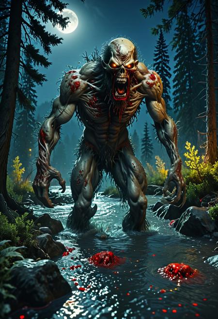 Enraged, massive zombie with a brain composed of muscles and tendons, a hairy demonic creature with a tooth saw, copious blood, captured in found footage, lurking beneath a bloody river during a full moon, surrounded by conifers as a dismembered tree lies nearby.