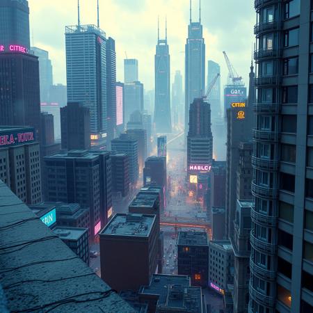 Cyberpunk city, retrowave, building ledge, megalopolis city in the background, tall buildings,