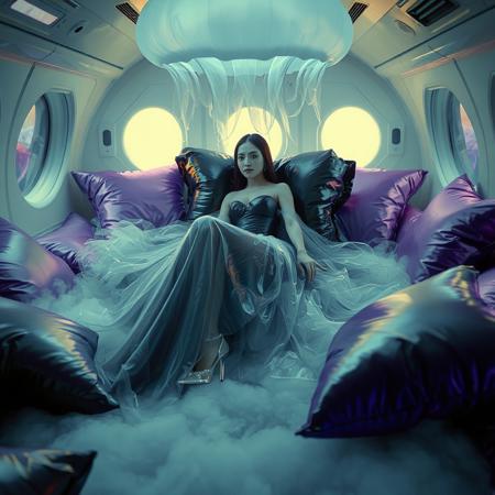 A poised and elegant slender lady, reclinet at giant glossy black foil pillow locked  in a sleek, floor-length transparent liquid slime  weird ball gown, full skirt made of a  giant glossy transparent jellyfish, complete with crystal-encrusted high heels, transparent slime cloak, is situated within a spaceship boudoir cabin, surrounded by weird foil purple pillows, fog from the floor, giant jelly clamshell canopy, horror, space, aliens, slime curtains, encased, entrapped Cinematic film still, shot on v-raptor XL, film grain, vignette, color graded, post-processed, cinematic lighting, 35mm film, live-action, best quality, atmospheric, a masterpiece, epic, stunning, dramatic