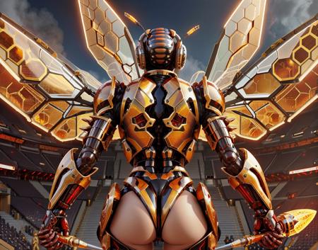 <lora:try-artist-richy-v1:0.65>  honeytech, honey, scifi <lora:HoneyTech:0.75>  ,from behind , ,, ,[Burning coliseum, sacrificial arena, fighting for glory, towering male demon, fiery red eyes, obsidian scales, clad in spiked armor, wielding twin axes.], , , [sweating], [tears],,